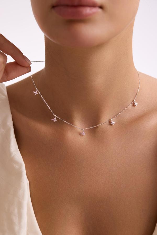 925 Ayar Gümüş Rodyum Kaplama Pembe Taşlı Şans Kelebek Kolye - Image 1