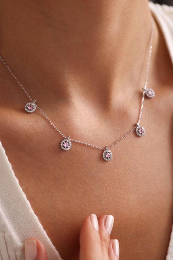 925 Ayar Gümüş Rodyum Kaplama Pembe Zirkon Taşlı Şans Kolye - Image 1