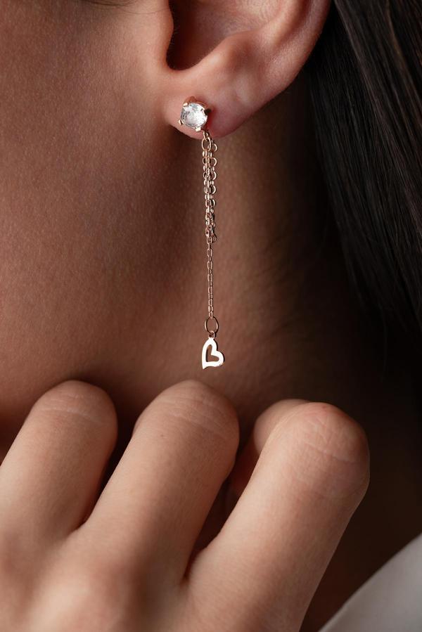 925 Ayar Gümüş Rose Kaplama 5 Mm Tektaş Sallantılı Zincir Sade Taşsız Kalp Küpe - Image 1