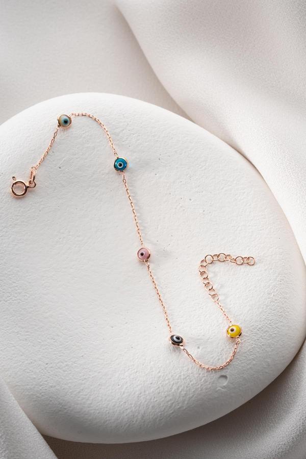 925 Ayar Gümüş Rose Mix Renkli Tek Sıra Nazar Göz Bileklik - Image 1