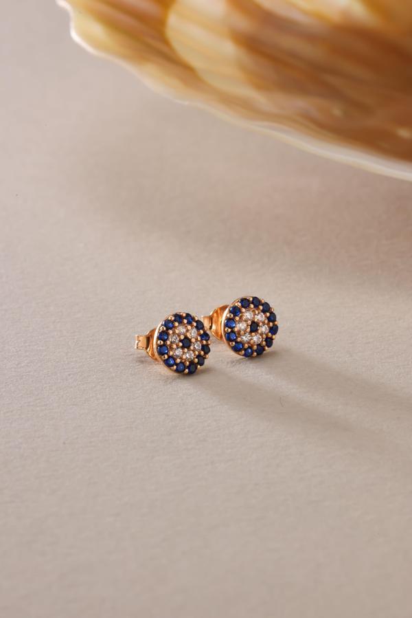 925 Ayar Gümüş Rose Kaplama Minimal Nazar Küpe - Image 1