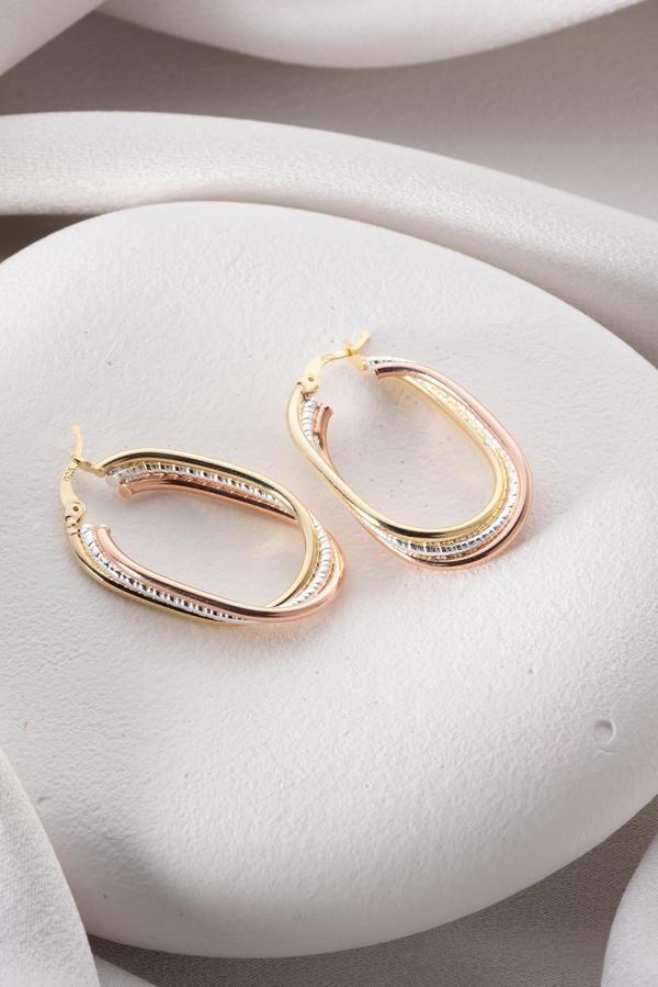 925 Ayar Gümüş Üç Renk U Şekilli Çizgili Küpe - Image 1