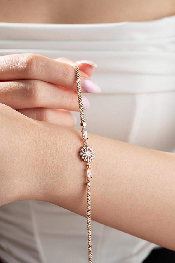 925 Ayar Gümüş Rose Kaplama Balık Sırtı Model Işıltılı Tektaş Güneş Bileklik - Image 1