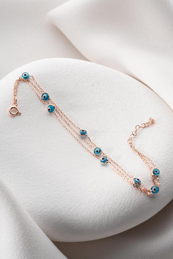 925 Ayar Gümüş Rose 3 Sıra Zincirli Nazar Göz Bileklik - Image 1
