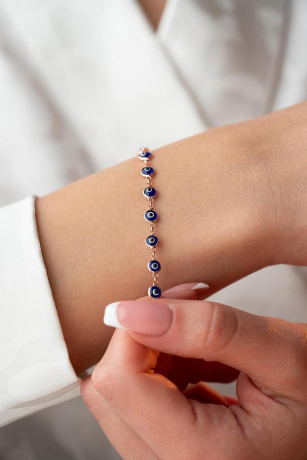 925 Ayar Gümüş Rose Sıralı Mavi Renkli Nazar Göz Bileklik - Image 1