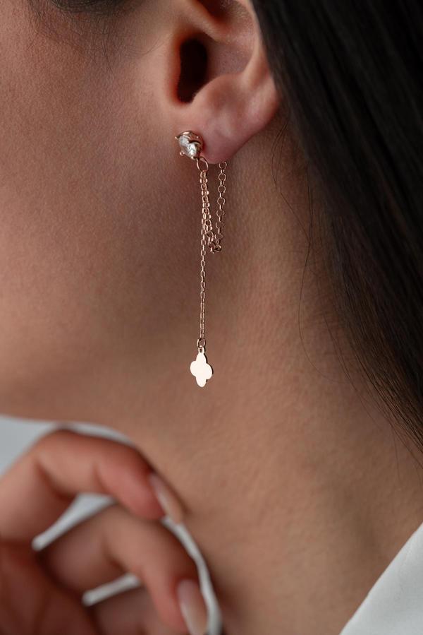 925 Ayar Gümüş Rose Kaplama 5 Mm Tektaş Sallantılı Zincir Sade Yonca Model Küpe - Image 1