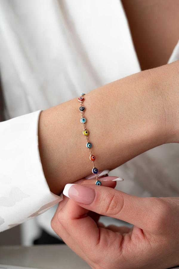 925 Ayar Gümüş Rose Sıralı Mix Renkli Nazar Göz Bileklik - Image 1