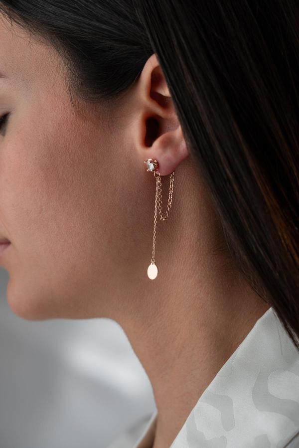 925 Ayar Gümüş Rose Kaplama 5 Mm Tektaş Sallantılı Zincir Sade Yuvarlak Model Küpe - Image 1