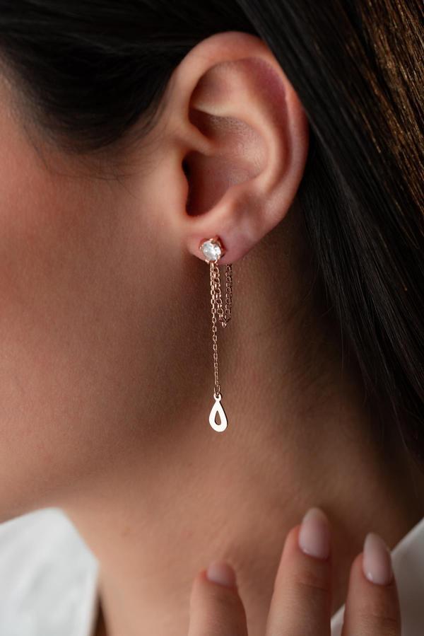 925 Ayar Gümüş Rose Kaplama 5 Mm Tektaş Sallantılı Zincir Su Damlası Model Küpe - Image 1