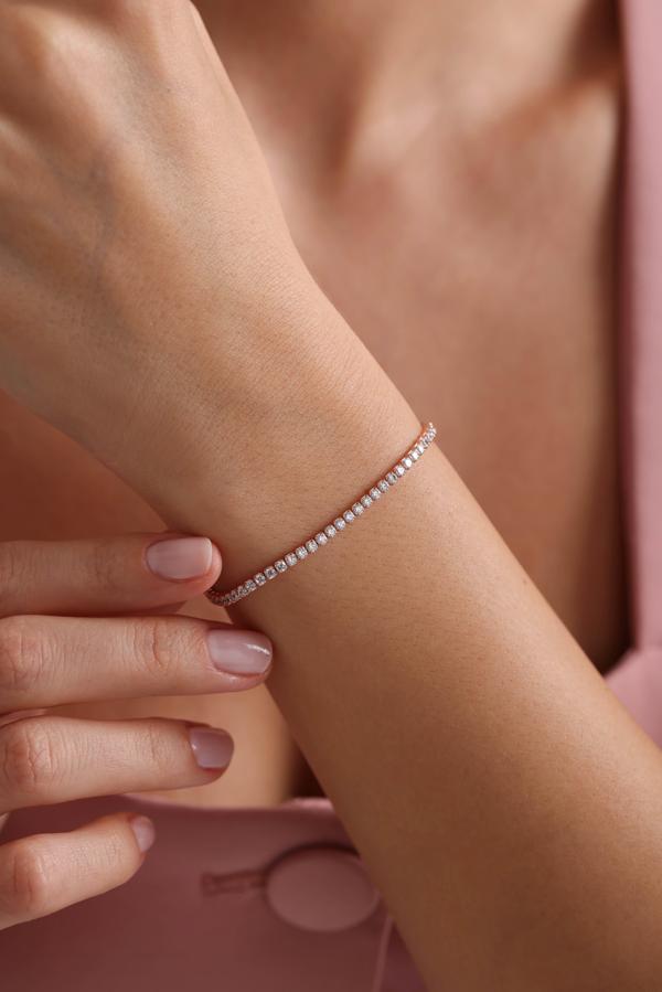 925 Ayar Gümüş Rose Kaplama 2 mm Zirkon Taşlı Suyolu Bileklik  - Image 1