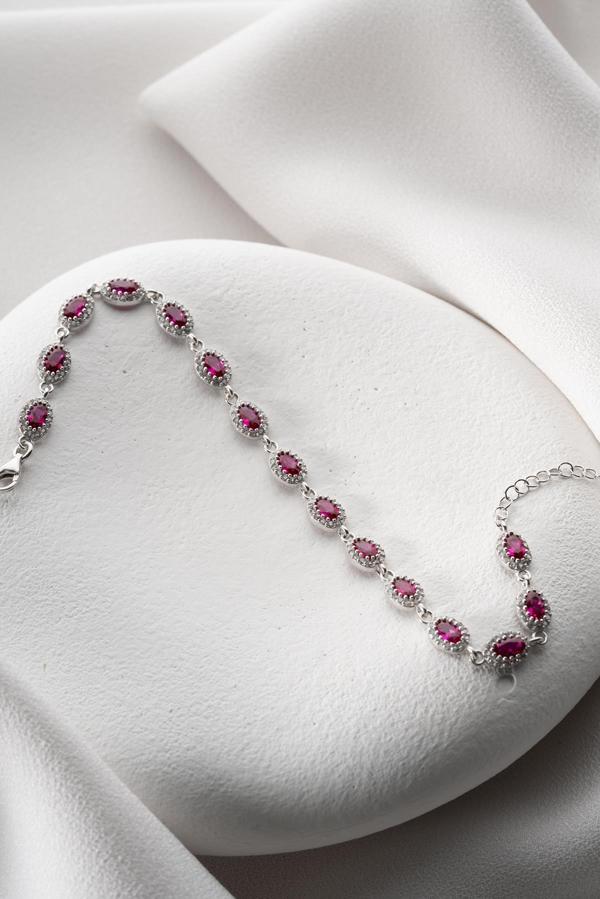 925 Ayar Gümüş Rodyumlu Sıralı Fuşya Renkli Taşlı Oval Model Bileklik - Image 1