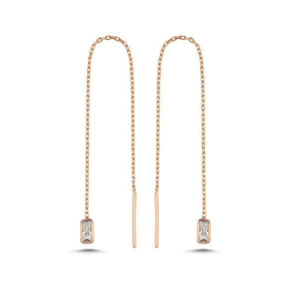 925 Ayar Gümüş Rose Kaplama Minik Baget Taşlı Zincir Küpe - Image 1