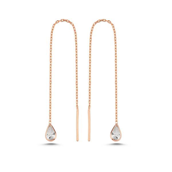 925 Ayar Gümüş Rose Kaplama Minik Damla Taşlı Zincir Küpe - Image 1