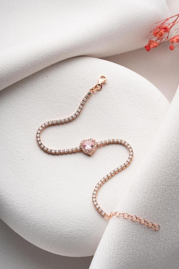 925 Ayar Gümüş Rose Kaplama Pembe Taşlı Kalp 2 mm Zirkon Taşlı Suyolu Bileklik  - Image 1