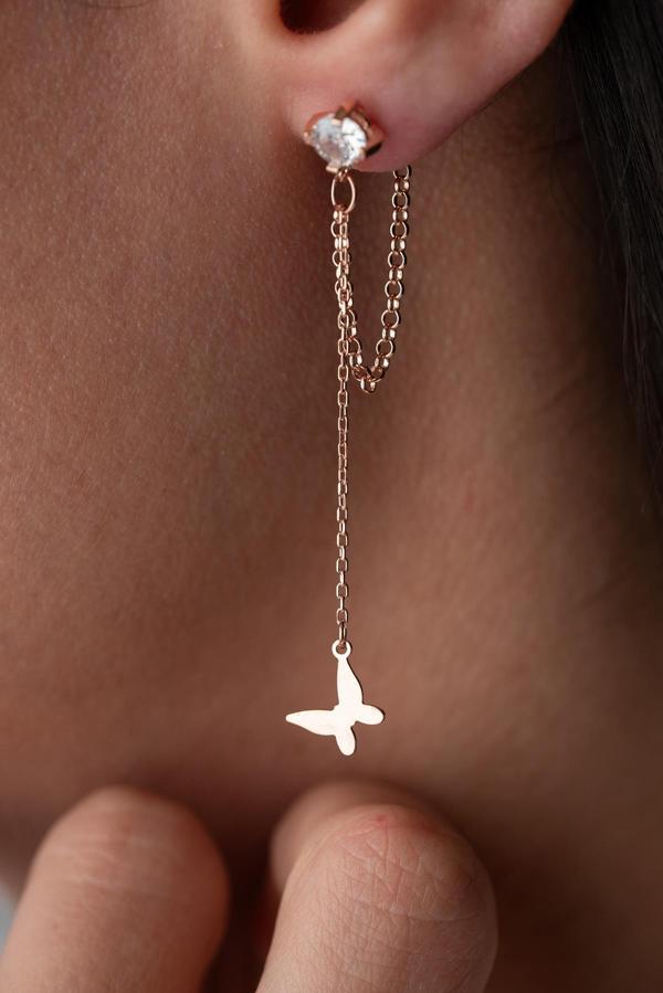 925 Ayar Gümüş Rose Kaplama 5 Mm Tektaş Sallantılı Zincir Taşsız Kelebek Küpe - Image 1