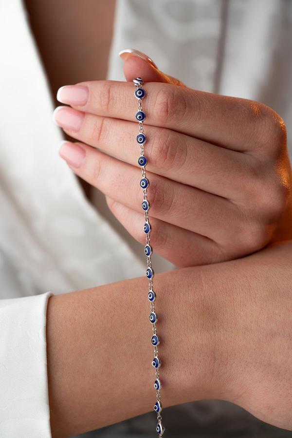 925 Ayar Gümüş Rodyumlu Sıralı Mavi Renkli Nazar Göz Bileklik - Image 1