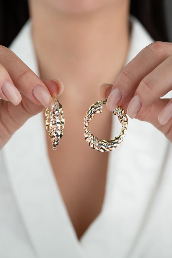 925 Ayar Gümüş Üç Renk Kalın Burgu Model Küpe - Image 1