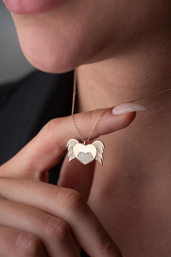 925 Ayar Gümüş Rose Kaplama Zirkon Taşlı Uçuşan Kalp Kolye - Image 1