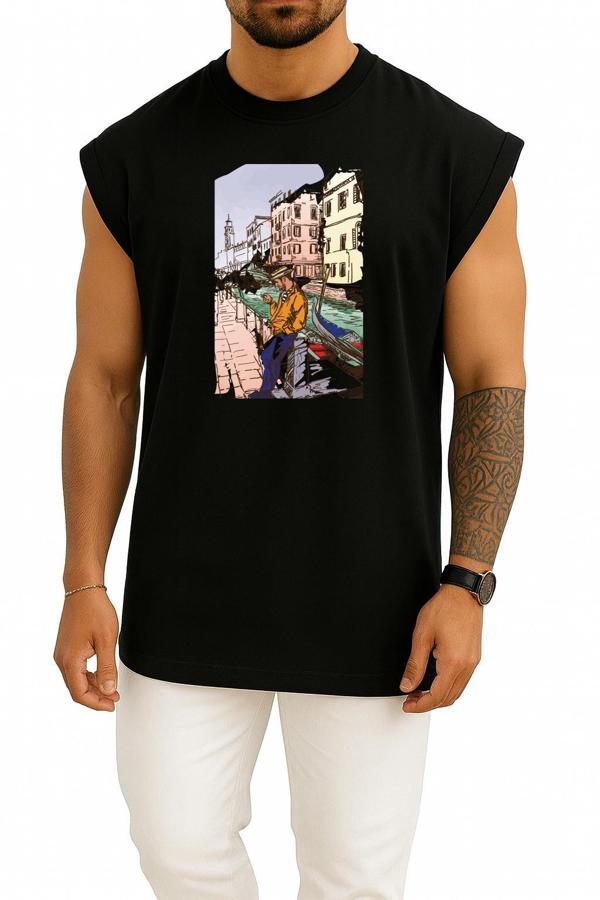 Oversize Venice Drawing Art Illustration, Venedik Göğüs Tasarımlı Atlet - Image 1