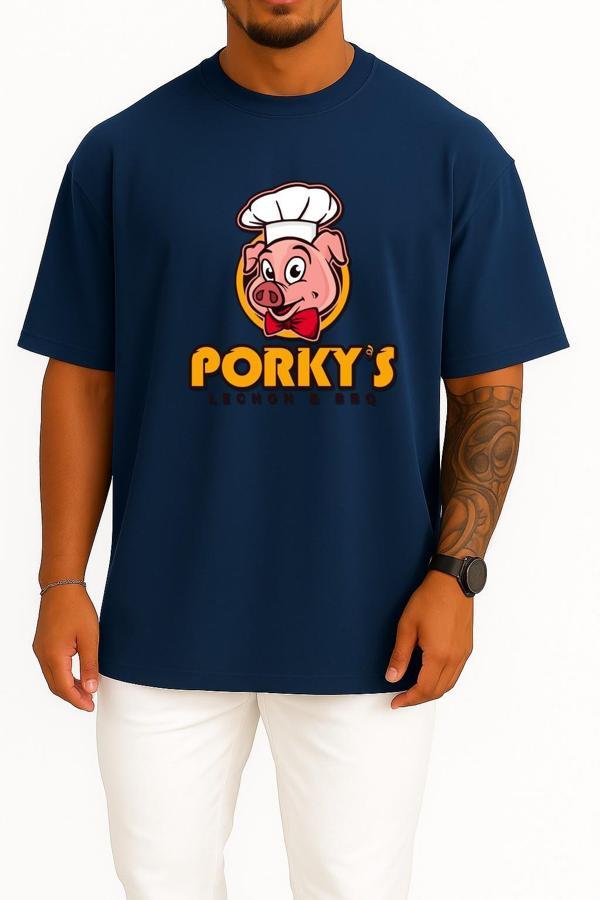 Oversize Porky's Lechon Barbecue Domuz Göğüs Tasarımlı Unisex T-Shirt - Image 1