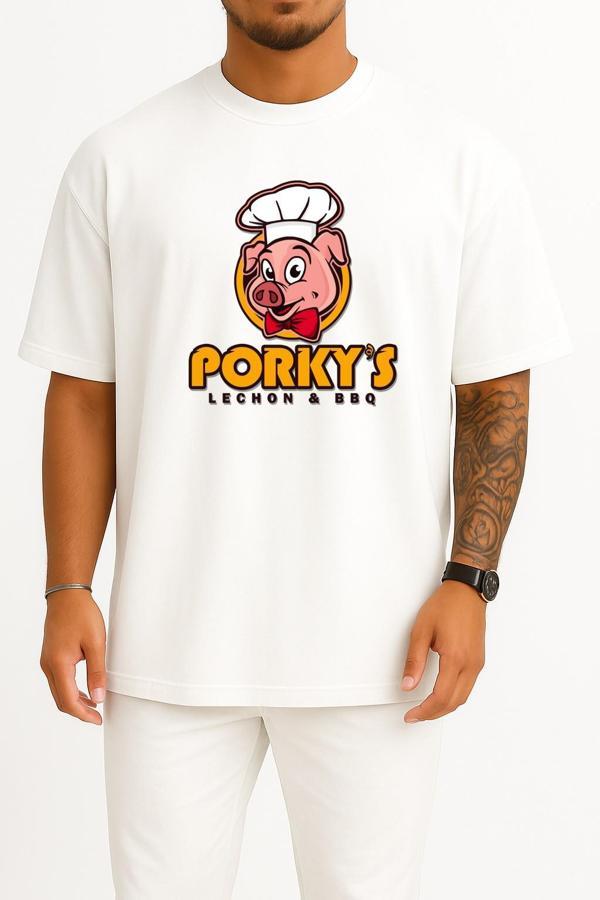 Oversize Porky's Lechon Barbecue Domuz Göğüs Tasarımlı Unisex T-Shirt - Image 1