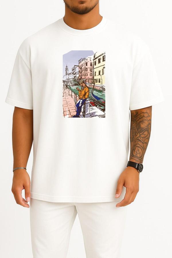 Oversize Venice Drawing Art Illustration, Venedik Göğüs Tasarımlı Unisex T-Shirt - Image 1