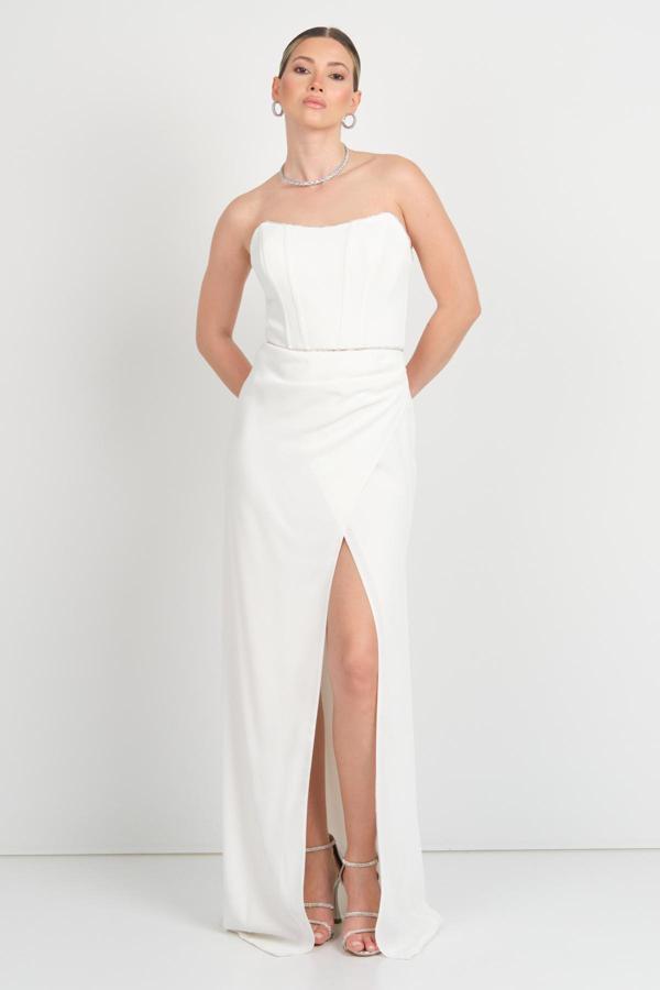 Doridorca Kadın Straplez Beli Korsajlı Balık Form Abiye Elbise 6087 Beyaz - Image 1