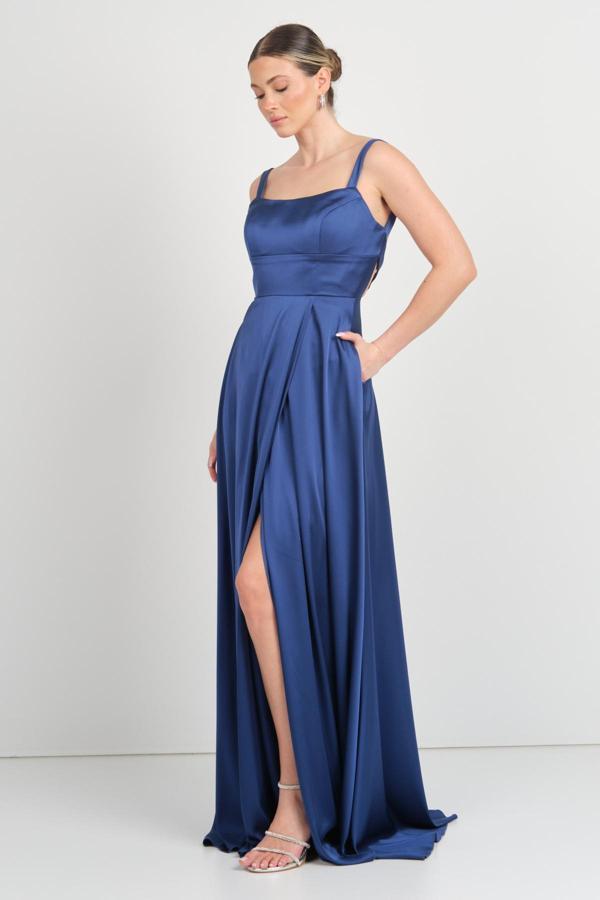 Doridorca Kadın Kare Yaka Sırt Detaylı Maxi Boy Saten Abiye Elbise 7089 K.İndıgo - Image 1