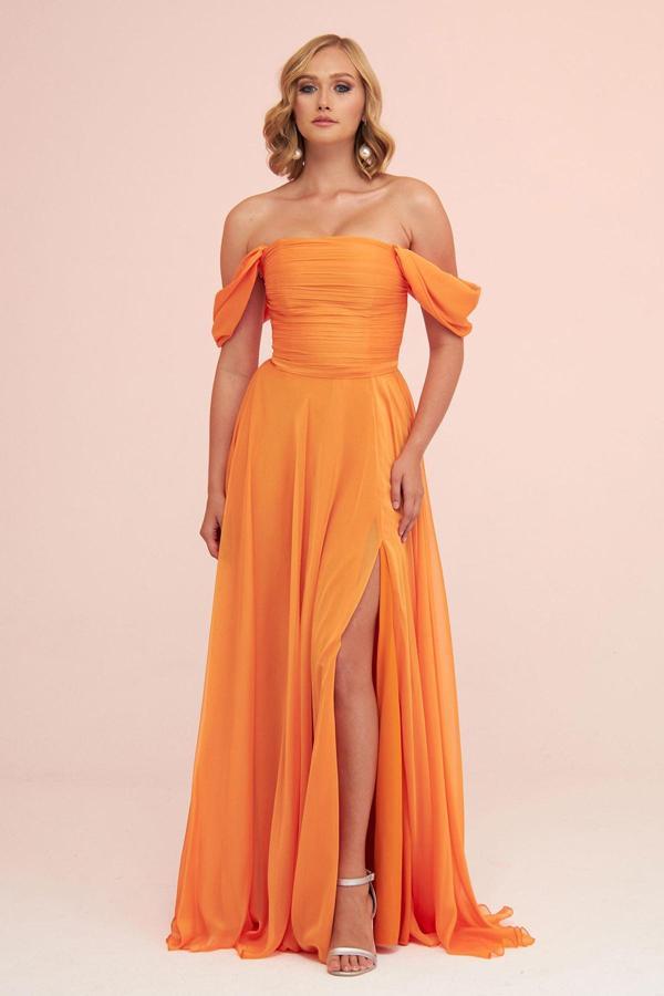 Carmen Kadın Şifon Düşük Kollu Uzun Abiye Elbise 58097 Oranj - Image 1