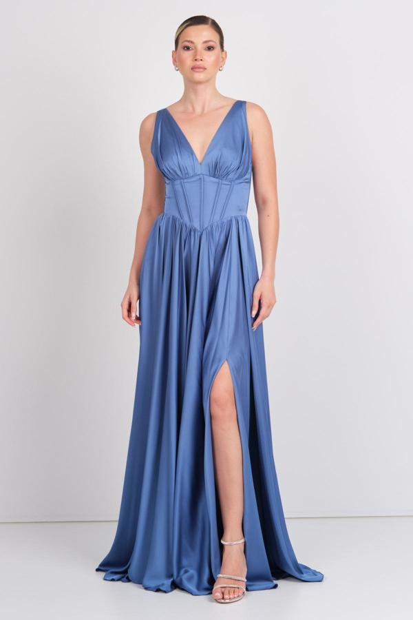 Doridorca Kadın Derin V Yaka Sırttan Bağlamalı Maxi Abiye Elbise 7091 Indigo - Image 1