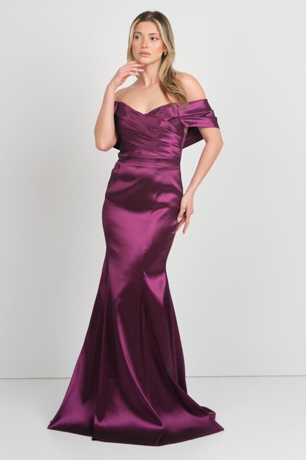 Doridorca Kadın Tafta Kumaş Düşük Omuz Balık Form Uzun Abiye Elbise 6106 Fuşya - Image 1