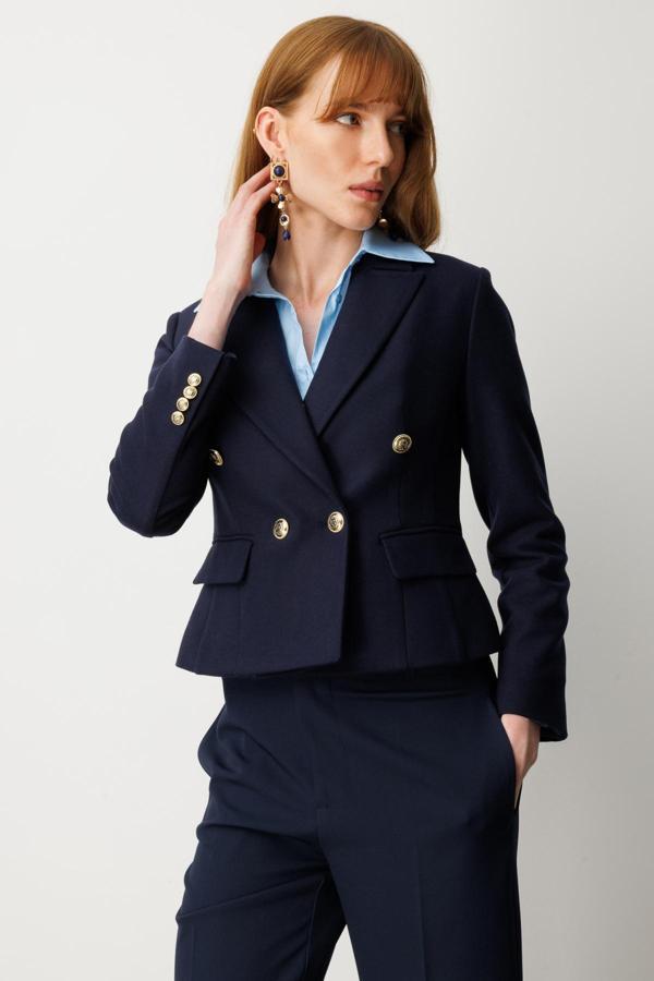 Ekol Kadın Kruvaze Yaka Kaşe Ceket 5073 Lacivert - Image 1