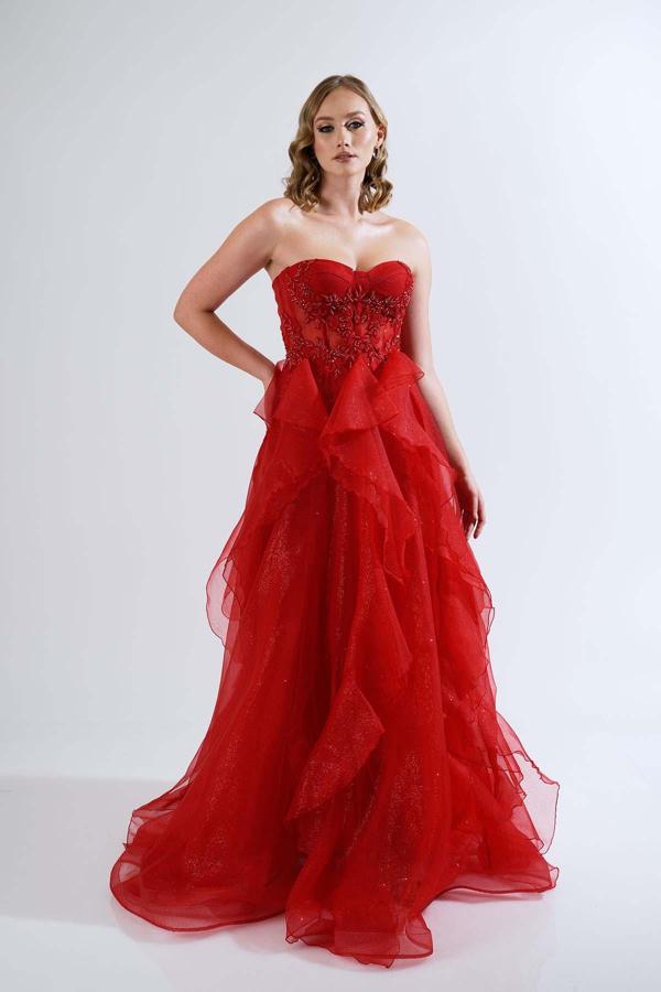 Carmen Kadın Simli Tül İşlemeli Sırtı Bağlamalı Straplez Nişan Elbisesi 58186 Kırmızı - Image 1
