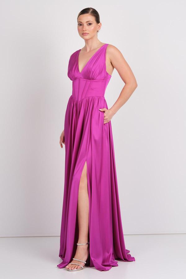 Doridorca Kadın Derin V Yaka Sırttan Bağlamalı Maxi Abiye Elbise 7091 Fuşya - Image 1