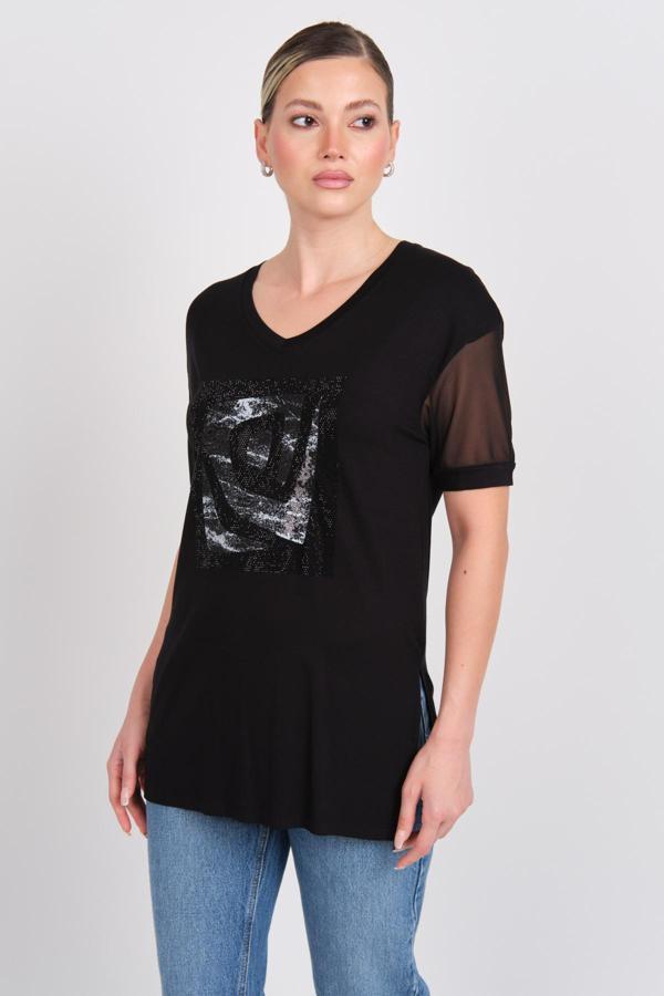 Daido Kadın Taş ve Pul İşlemeli Kolları Tül V Yaka Bluz 5831 Siyah - Image 1