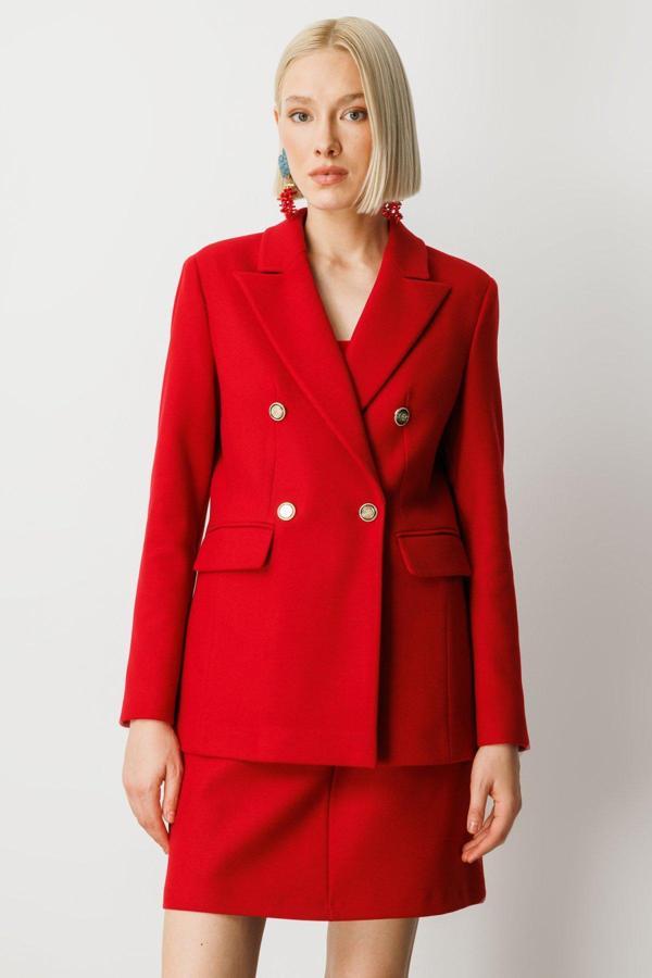 Ekol Kadın Kruvaze Yaka Kaşe Ceket 5069 Kırmızı - Image 1