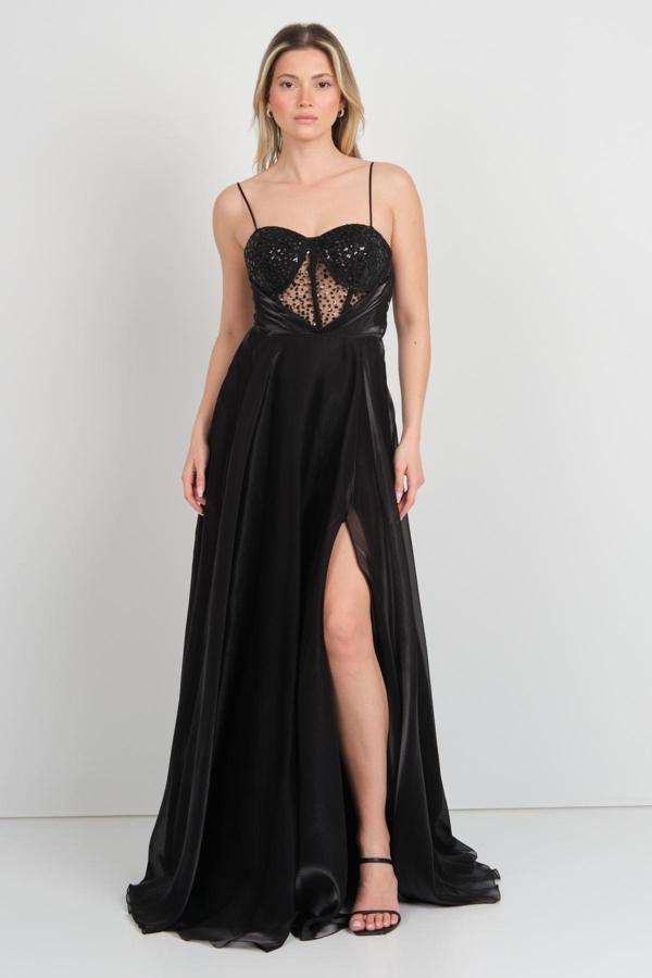 Doridorca Kadın İp Askılı Payetli Uzun Abiye Elbise 6031 Siyah - Image 1