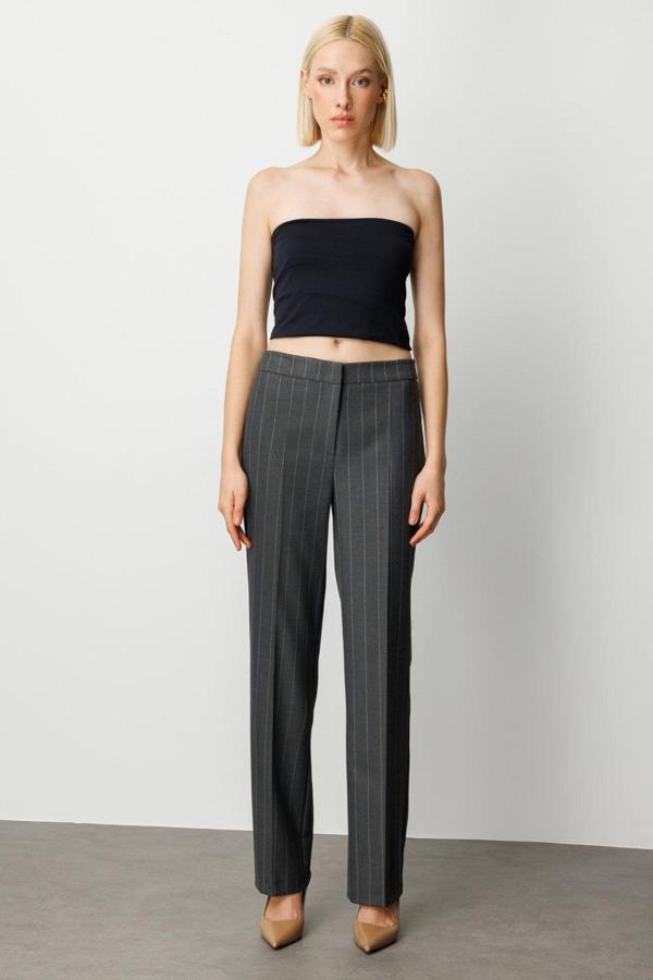 Ekol Kadın Çizgili Bol Paça Pantolon 5129 Antrasit - Image 1