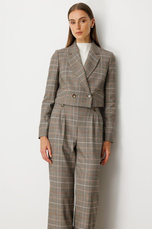 Ekol Kadın Ekoseli Crop Ceket 5075 Vizon - Image 1