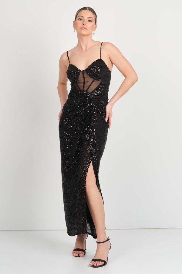 Doridorca Kadın Korsajlı Transparan Detaylı Full Pul - Payet Abiye Elbise 6057 Siyah - Image 1