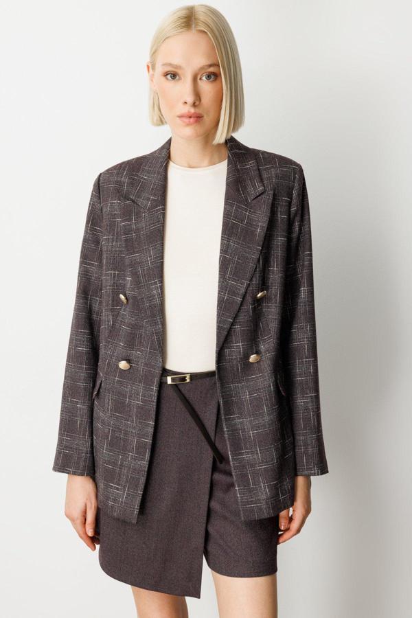 Ekol Kadın Ekoseli Kapak Cepli Ceket 5173 Bordo - Image 1