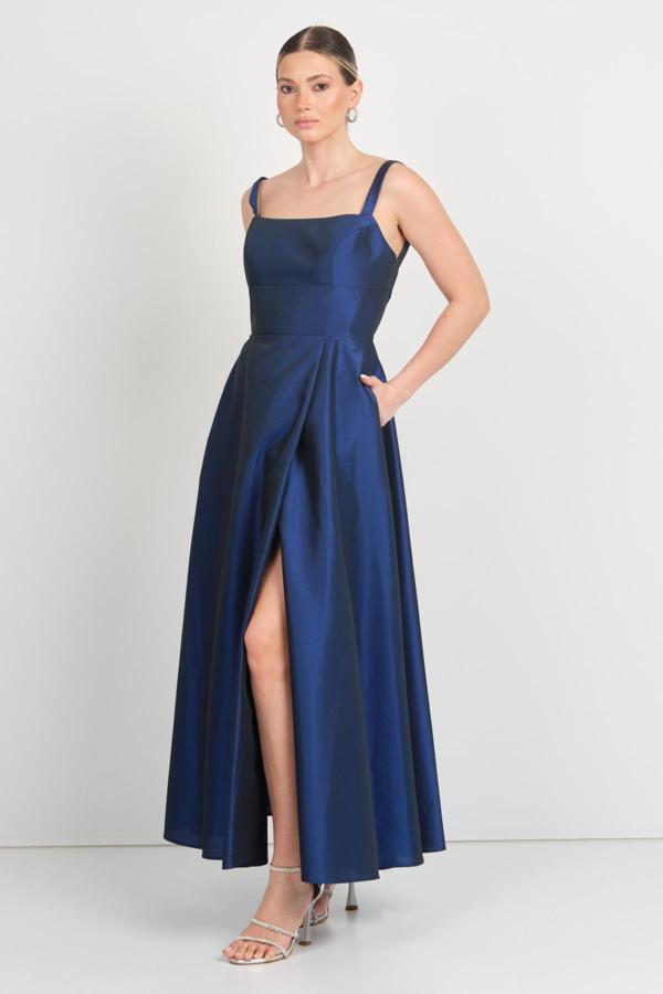 Doridorca Kadın Tafta Kumaş Kare Yaka İp Askılı Uzun Abiye Elbise 7092 Lacivert - Image 1