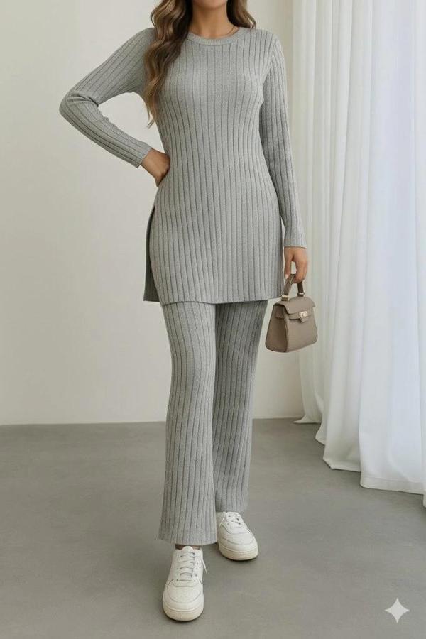 MDB Kadın Uzun Kollu Yuvarlak Yaka Yandan Yırtmaç Detaylı şardonlu Kaşkorse Bluz Ve Pantolon Ikili T - Image 1