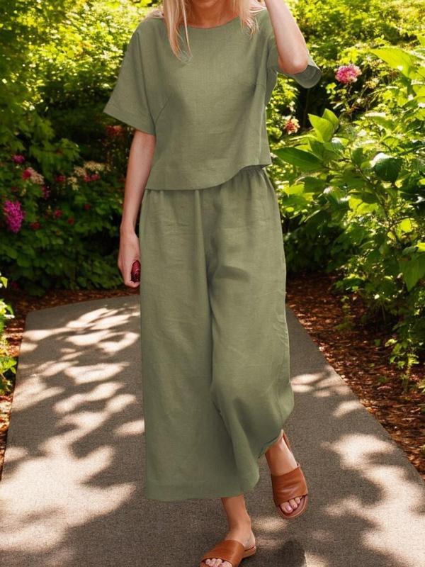 İkili Takım Alt Üst Keten Günlük Rahat Beli Lastikli Kadın - Image 1