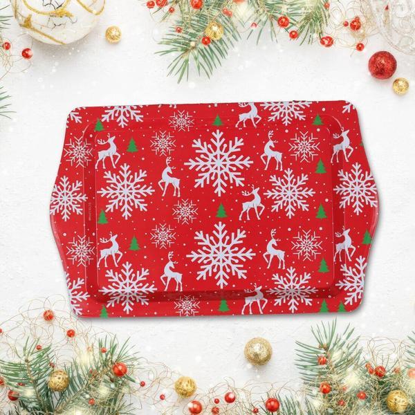 Kırmızı Geyikli Kar Tanesi Mini Metal Tepsi - Image 1