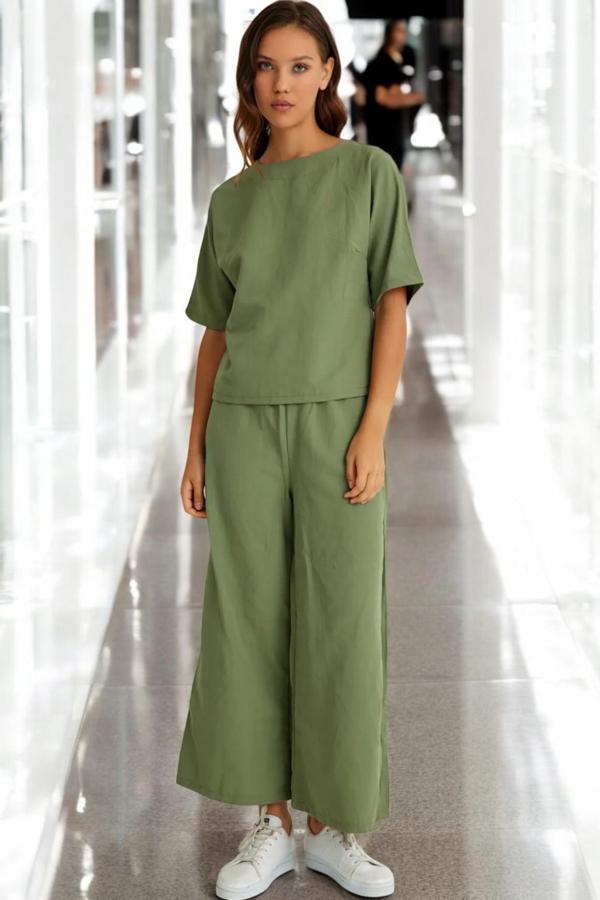 İkili Alt Üst Kısa Kollu Keten Takım - Image 1