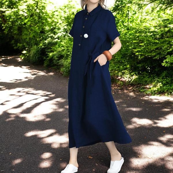 Yazlık Tam Boy Rahat Gömlek Yaka Keten Elbise - Image 1