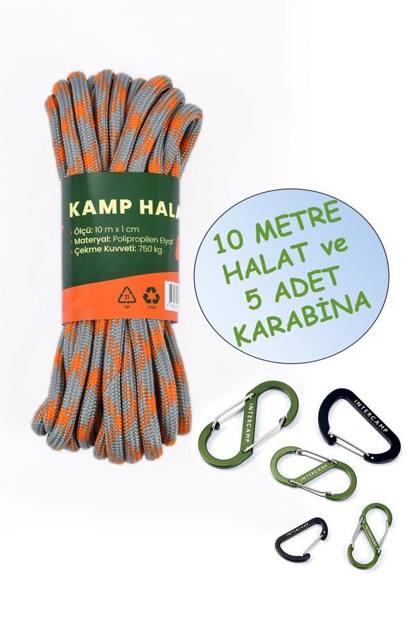 İntercamp 10 mt. Kamp Halatı + 5 Adet Karabina, Kamp ipi, Çadır Halatı, Dış Mekan Halatı - Image 1
