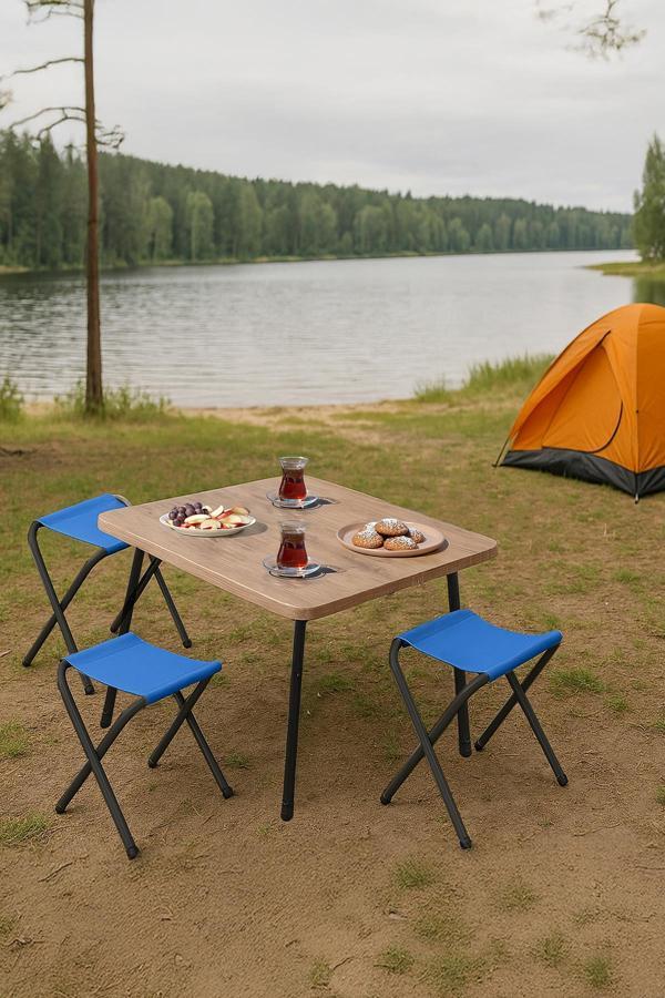 Exent 45X60 cm Kamp Sehpası + 3 Adet MAVİ Tabure Piknik, bahçe balkon sehpası Katlanır Sehpa-A-3M - Image 1