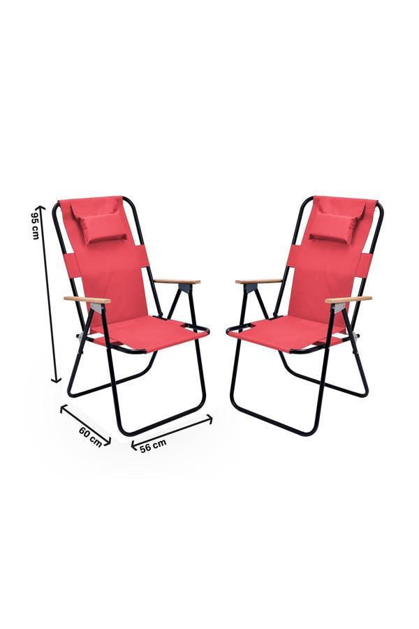 Exent 2' li Yastıklı yüksek sırtlı katlanır büyük boy kamp piknik sandalyesi, ağaç kollu-KIRMIZI - Image 1